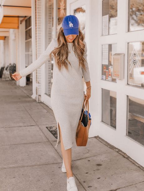 Baseball Cap, A Midi Dress & Sneakers Outfit