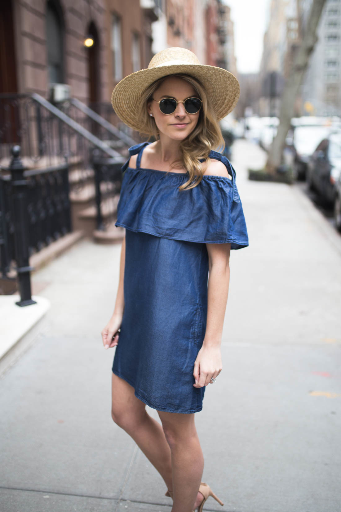 Classic Straw Hat + Denim Apron Dress