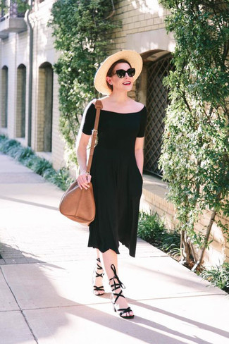 black dress + heels + floppy hat