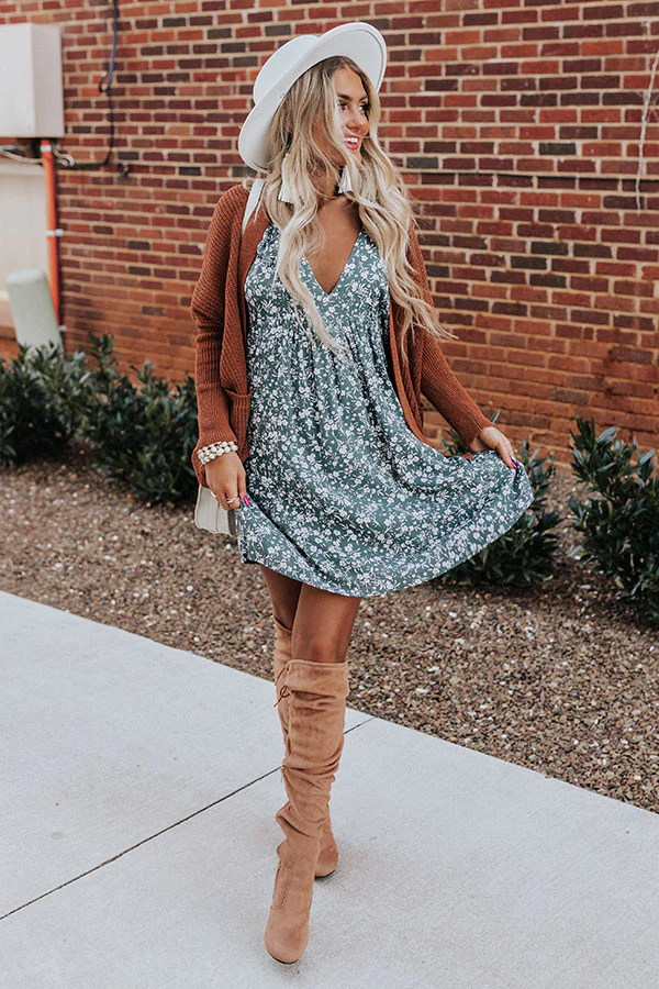 floral dress + brown boots + floppy