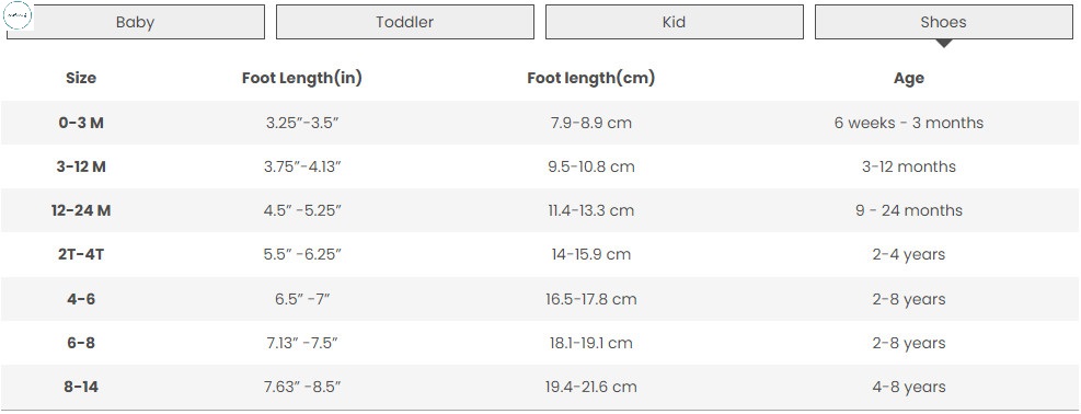 Carter's shoe size chart in inches